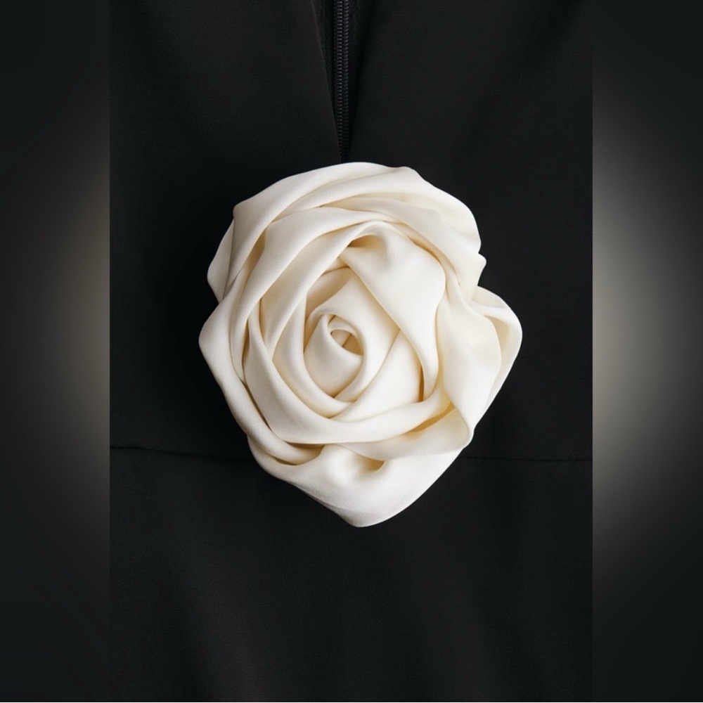 Black Midi Dress with Ivory Rose Detail Spaghetti Strap Elegant Bodycon - Picture 5 of 6